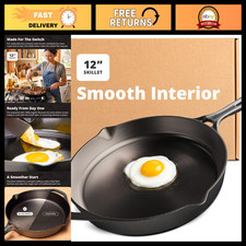 12" Cast Iron Skillet - Smooth Surface, Nonstick Release, Durable Cookware