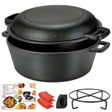 5QT 2 In 1 Pre Seasoned Cast Iron Dutch Oven With Skillet Lid Dual Handles