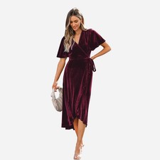 Women Festive Ribbed Velvet Belted Midi Fall Dress -Cupshe-M-Red (New without tags)