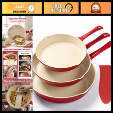 Nonstick Enameled Cast Iron Skillet Set - 3-Piece Frying Pans, Oven Safe, Induct