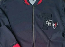 Tommy Hilfiger Men's Full Zip Track Jacket Varsity Sweater Navy Red Trim Size L
