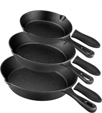 Cast Iron Skillet - 3 Piece Set Pre-Seasoned Frying Pan With Heat-Resistant Hand