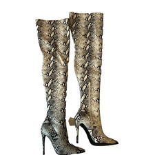 Steve Madden Dominique Knee High Boots Womens Size 6 Gray White Snakeskin Zip