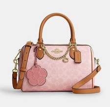 Coach Rowan Satchel Bag Signature Canvas With Charms Gold/Powder Pink CEA18 New