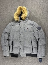Tommy Hilfiger Jacket Mens Large Gray Hooded Fur Trim Puffer Wind Resistant
