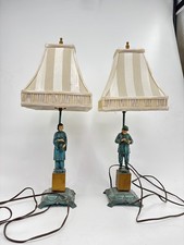 RARE Antique Pair Mid Century Chinese Figural Man Woman Table Lamps Shades Green