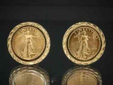 Without Stone 12 mm Coin Estate American Eagle Earrings 14K Yellow Gold Plated
