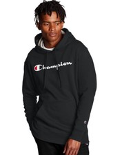 Champion Powerblend Athletic Script Logo Fleece Hoodie, Black, Men’s Size Large