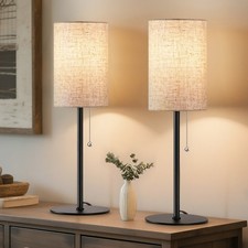 EDISHINE 19" Traditional Table Lamps Pair, Black Metal & Linen Shade