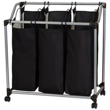 Household Essentials Triple Sorter Silver/Black: Rolling Clothes Hamper