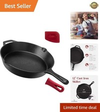 12-Inch Cast Iron Skillet - Pre-Seasoned Frying Pan & Silicone Handle - 5 QT