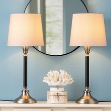 EDISHINE Classic Table Lamp Pair, Brushed Nickel & Black Faux Leather, Dimmable