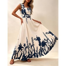 Women Square Neck Sleeveless Maxi Dress Botanical Print Flowy Long Dress White
