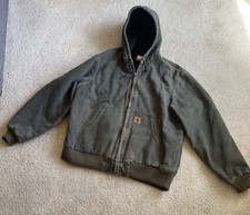 Vintage Carhartt J130 MOS Green Canvas Quilt Lined Hooded Jacket-Size Large