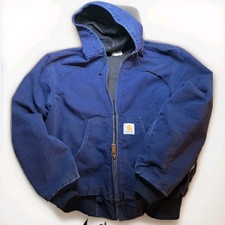 Vintage 90s Carhartt Blue Hooded Jacket JR102 Men's Medium Duck Canvas Work Coat