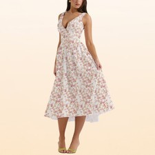EadianDree Women's Corset Waist Floral Print Midi Dress V Neck Tie Front (New without tags)