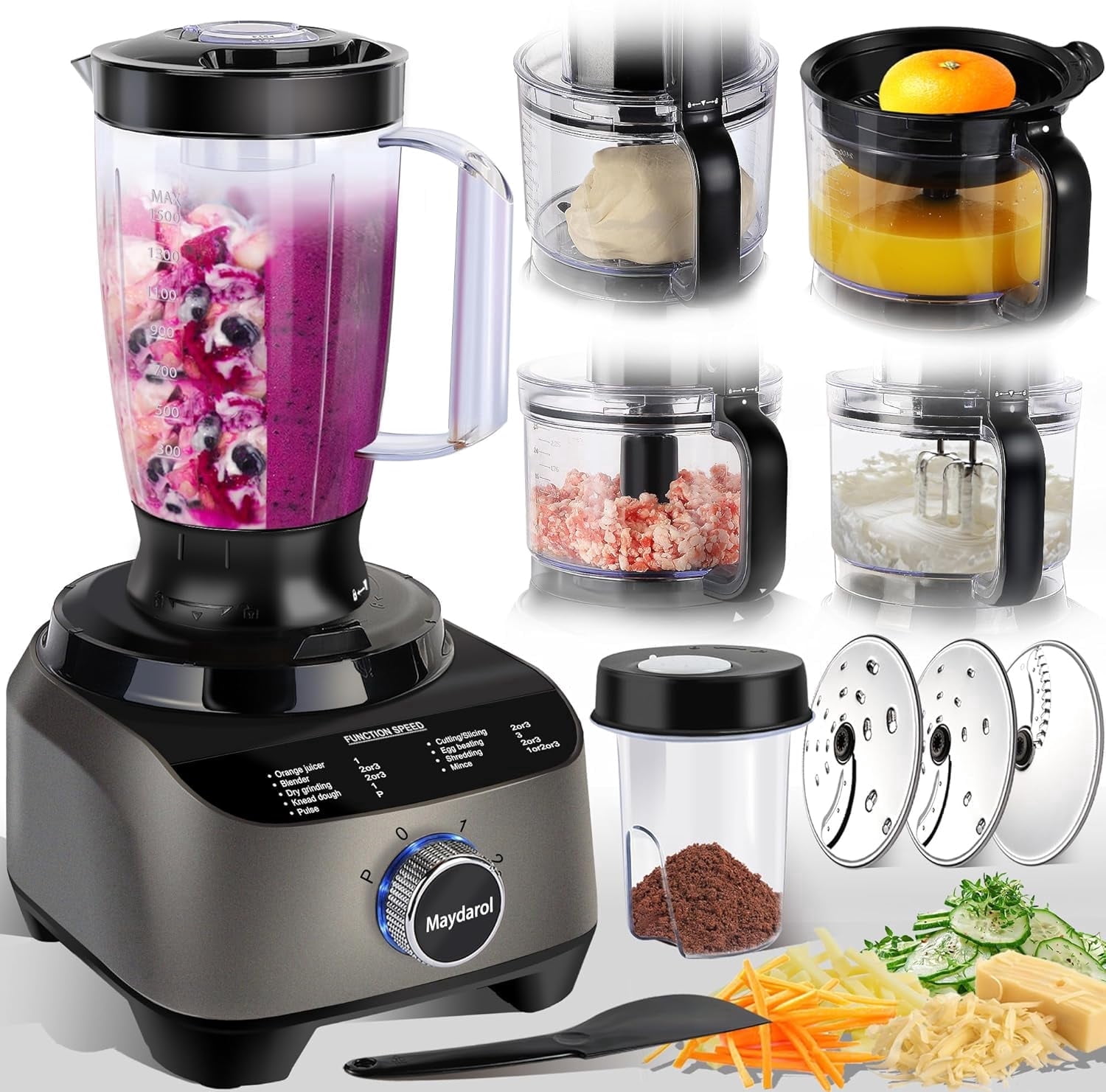 11 in 1 Food Processor Blender Combo,51oz Juice Blender, large Chute 14cup Food Processor,blenders kitchen for Chopping/Mixing/Mincing/Slicing/Shredding/Purees & Dough, safety lock 600W