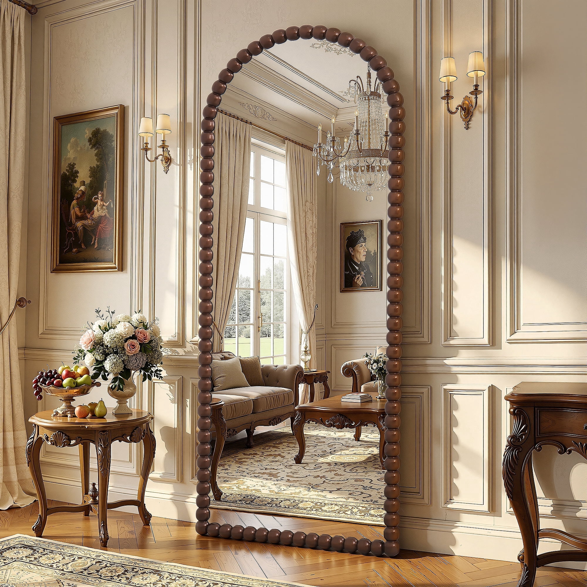 Antok 71"x28" Arched Full Length Mirror, Beaded Metal Frame Floor Mirror, Brown