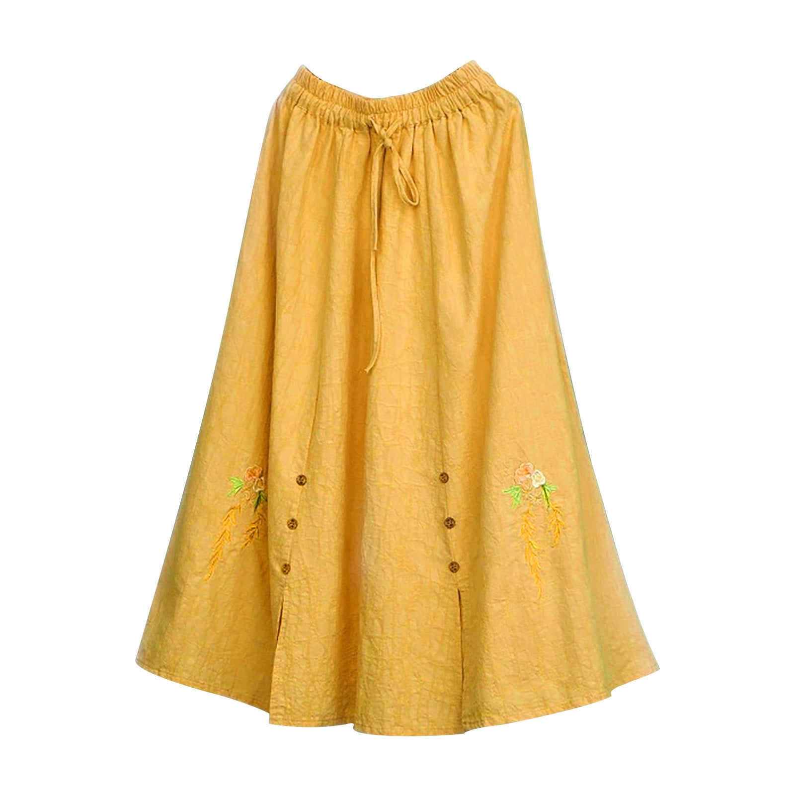 Aueoeo Women's Midi Skirt Vintage Floral Embroidered Cotton Linen Skirt A Line Elastic Waist Lightweight Long Skirt(Plus Size) Yellow XL