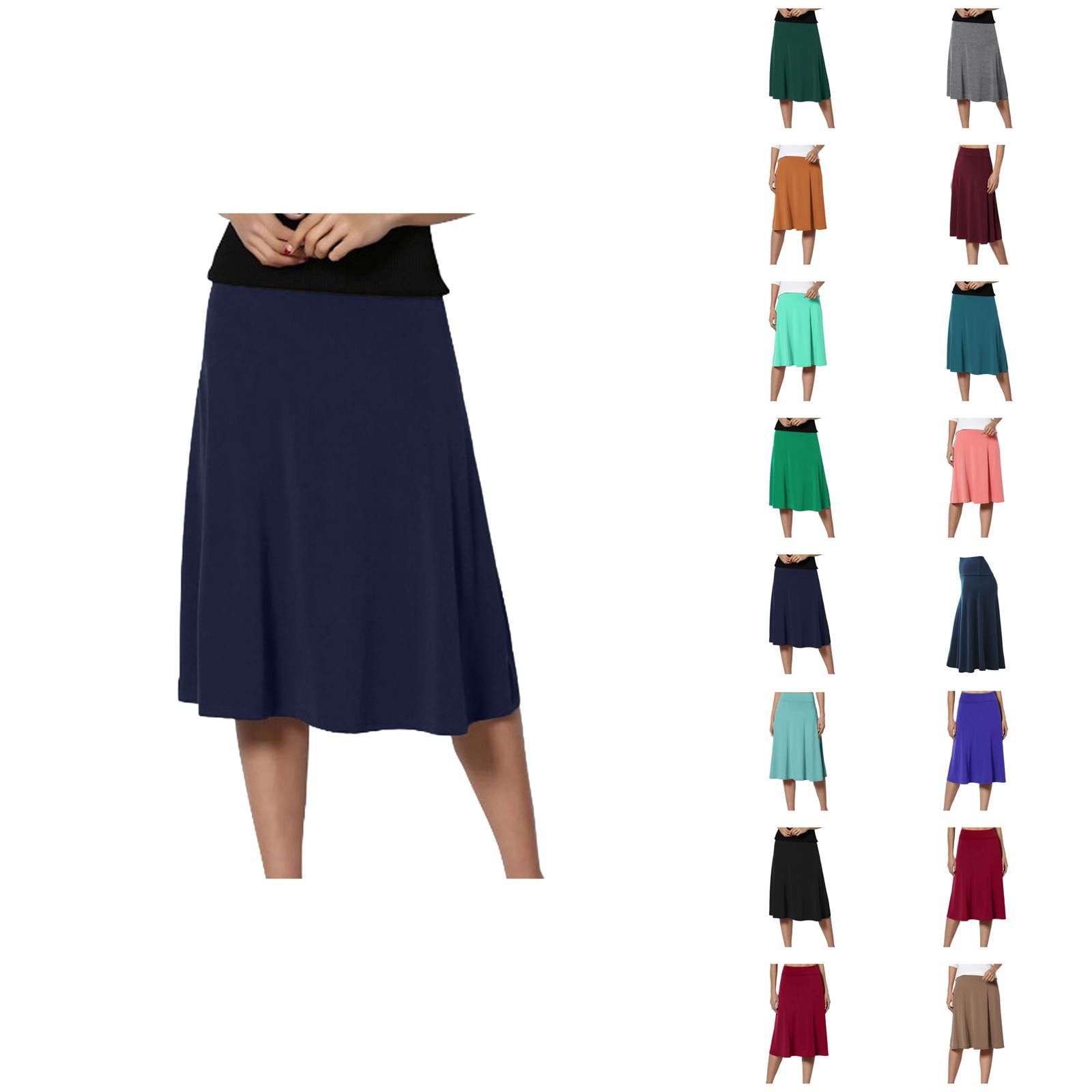 Basic Solid Flare Midi Skirts for Women High Waisted Lightweight A Line Flowy Skirt