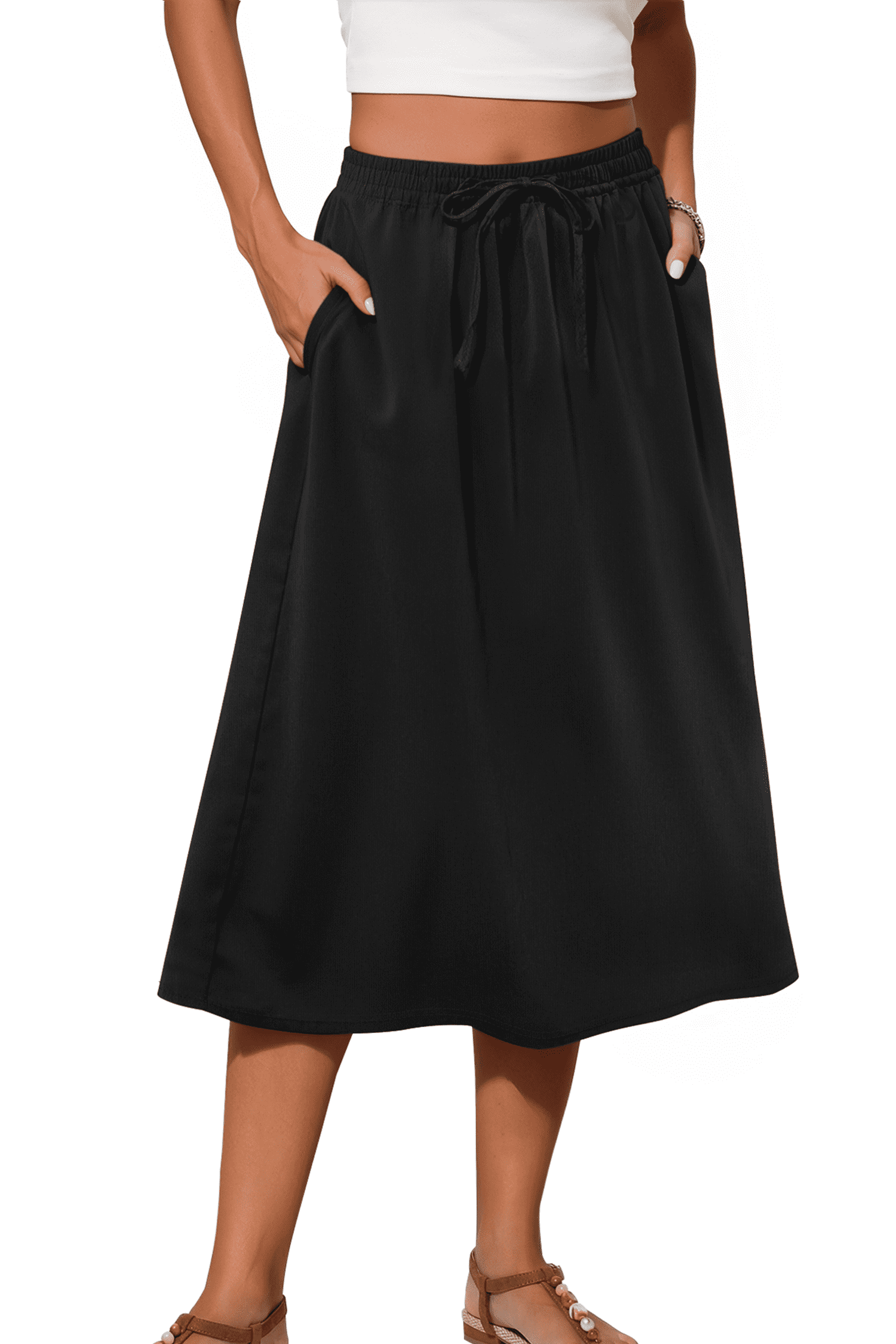 Fantaslook Midi Skirts for Womens Elastic High Waist Skirt Flowy Trendy Dresses Skirts with Pockets