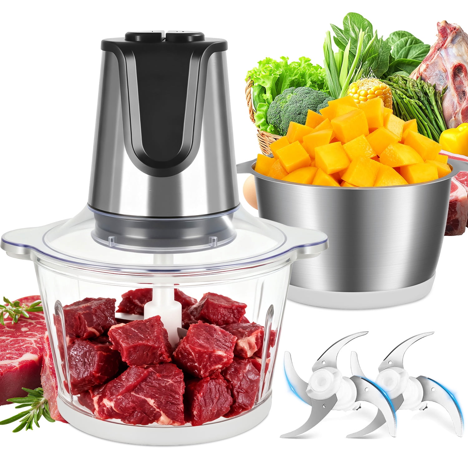 CUOCCO PRO 500W Food Processor, Electric Food Chopper with 2 Bowls (8 Cup+8 Cup), Meat Grinder for Vegetable, Baby Food, Salsa, Includes 2 Sets of Bi-Level Blades