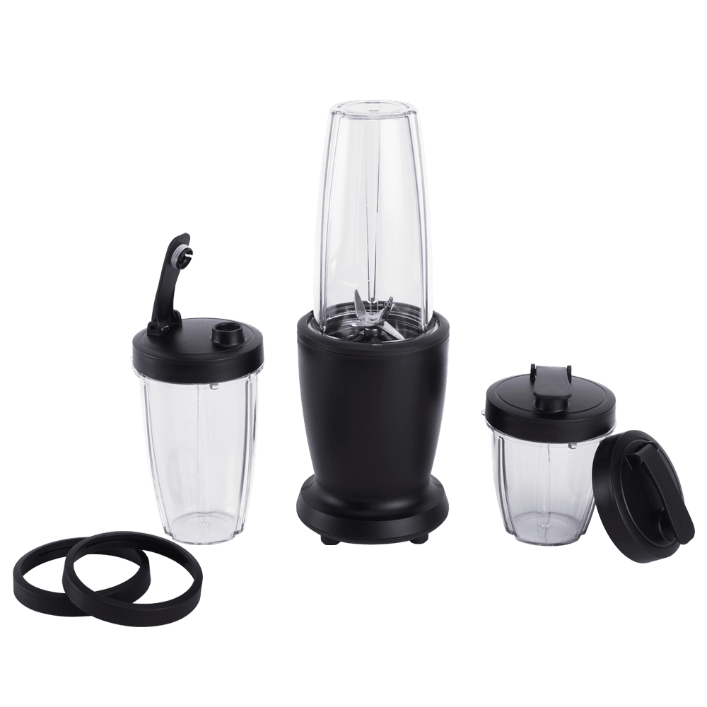 Mainstays 10-Piece Blender Set, Black, 300W, with 3 Jars (10oz, 16oz, 18oz), 2 Drinking Lids, Stainless Steel Blade