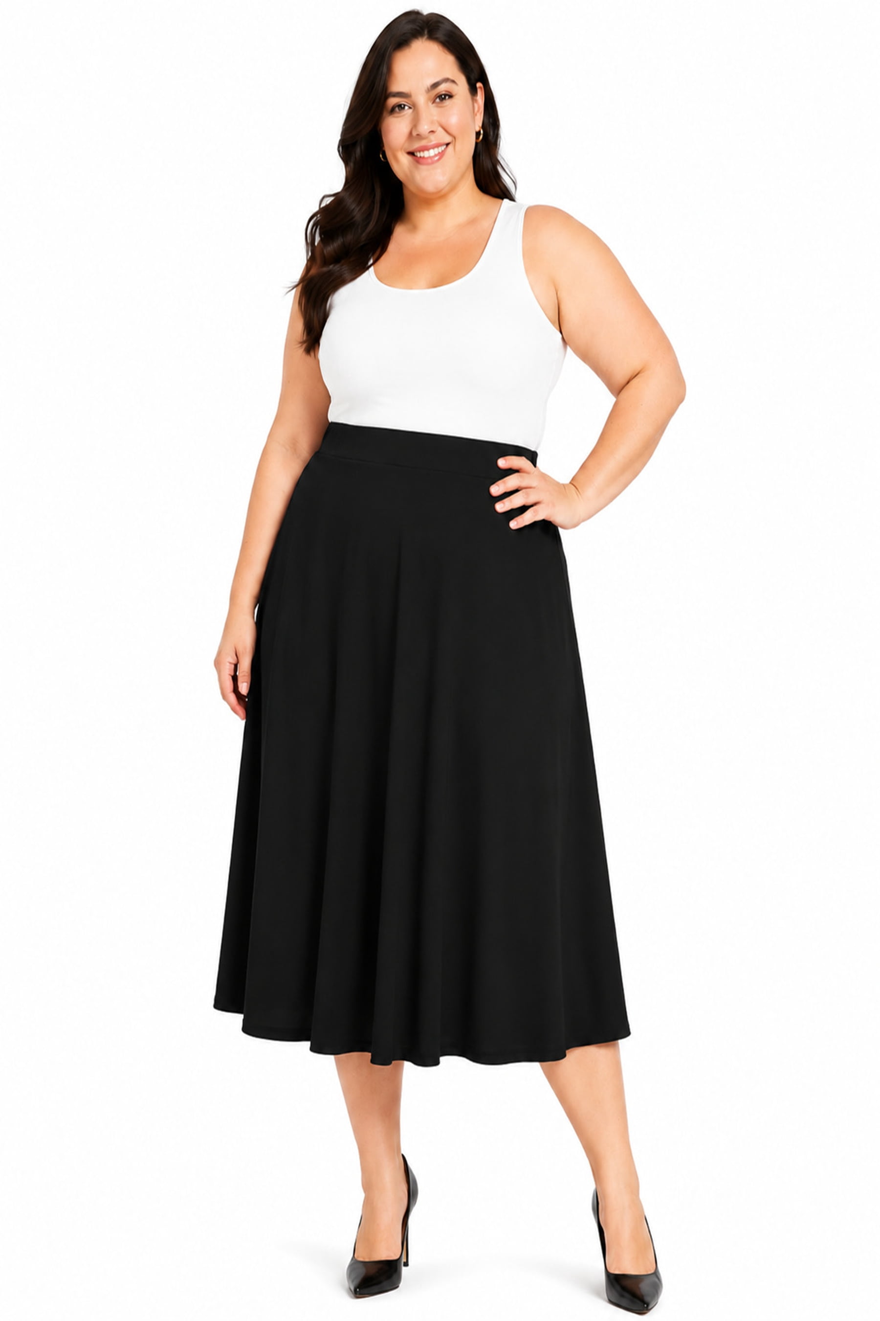 Women's Plus Size A-Line Casual Flared High Waist Elastic Band Solid Midi Skirt
