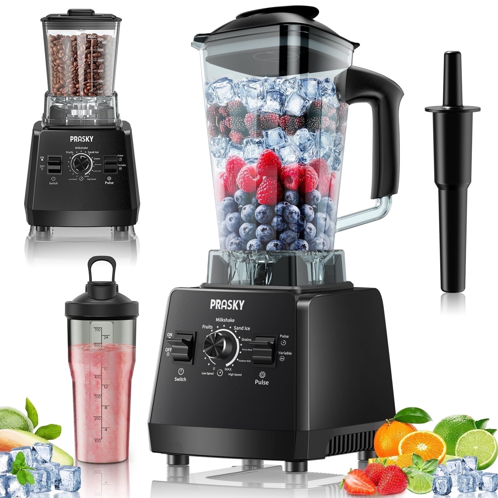 PRASKY Countertop Blender, 2-in-1 Professional Blender, 68oz Capacity 1000W 6 Speeds Blender for Kitchen with 25oz to-go Cup (Black)