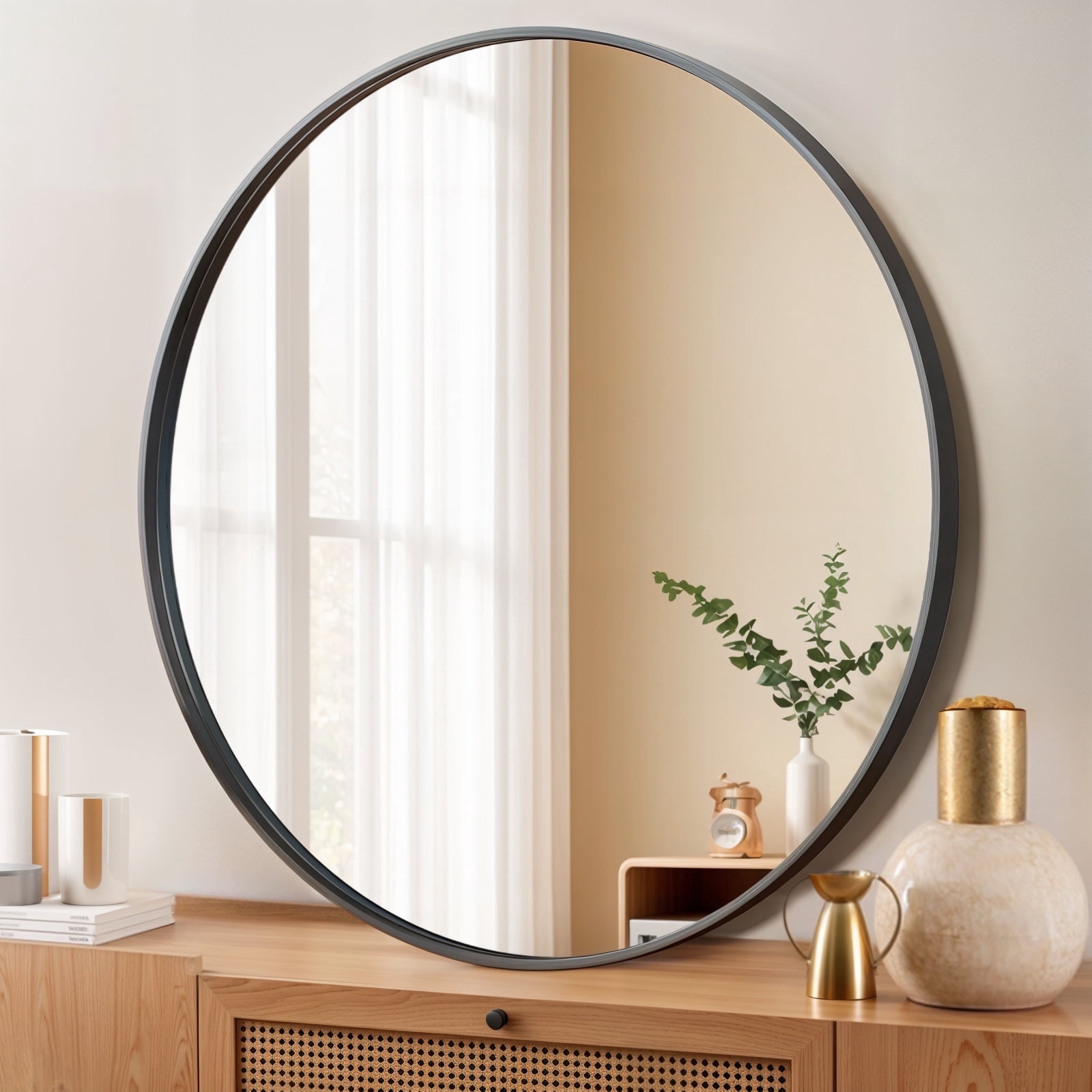 Round Wall Mirror 24-Inch Circle Mirror for Bathroom Bedroom Living Room,Black