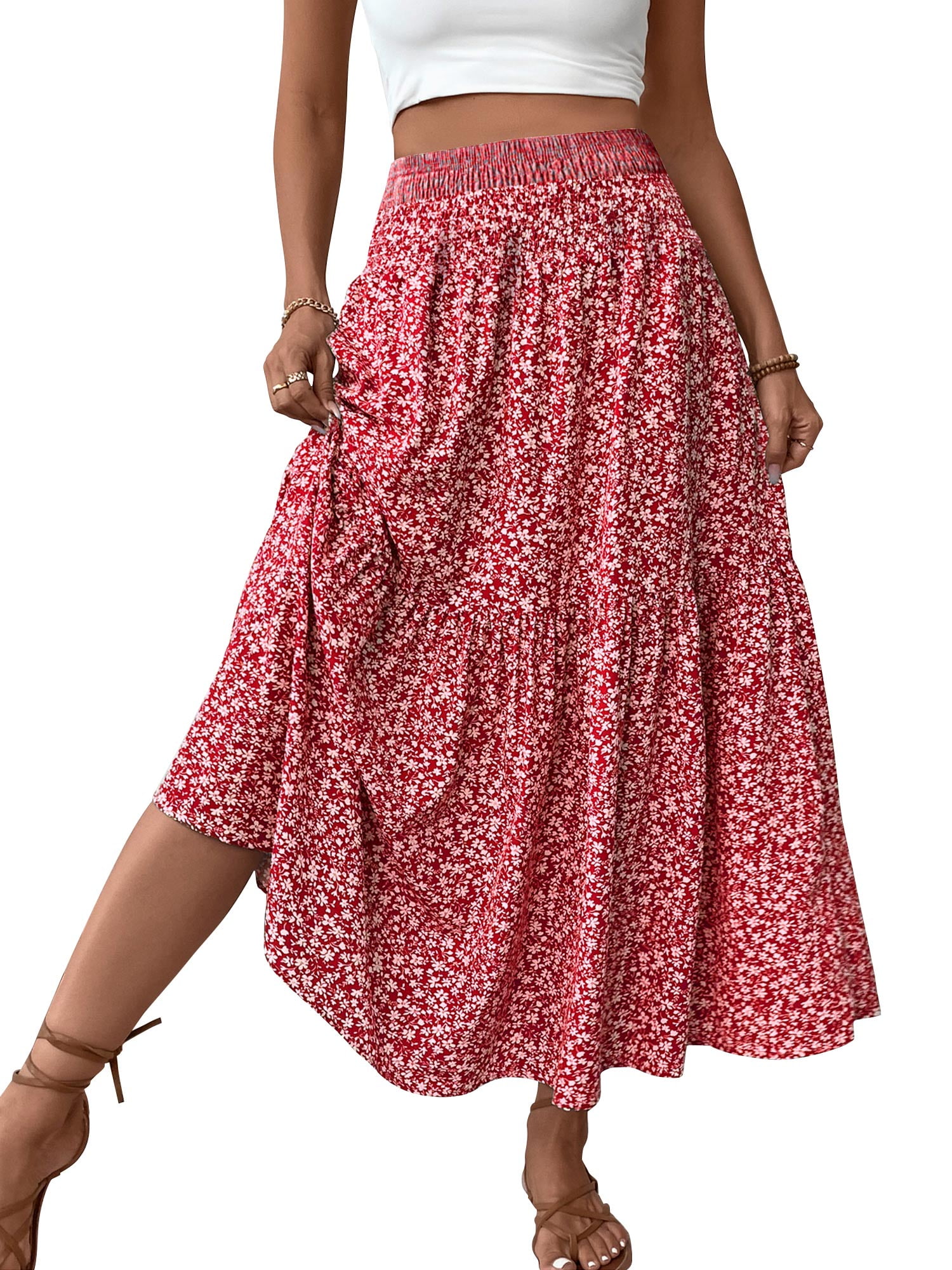 TEMOFON Womens Maxi Skirt Tiny Floral Casual Elastic Waist Ruffled Hem Ladies Summer A-Line Long Skirts Womens Clothes