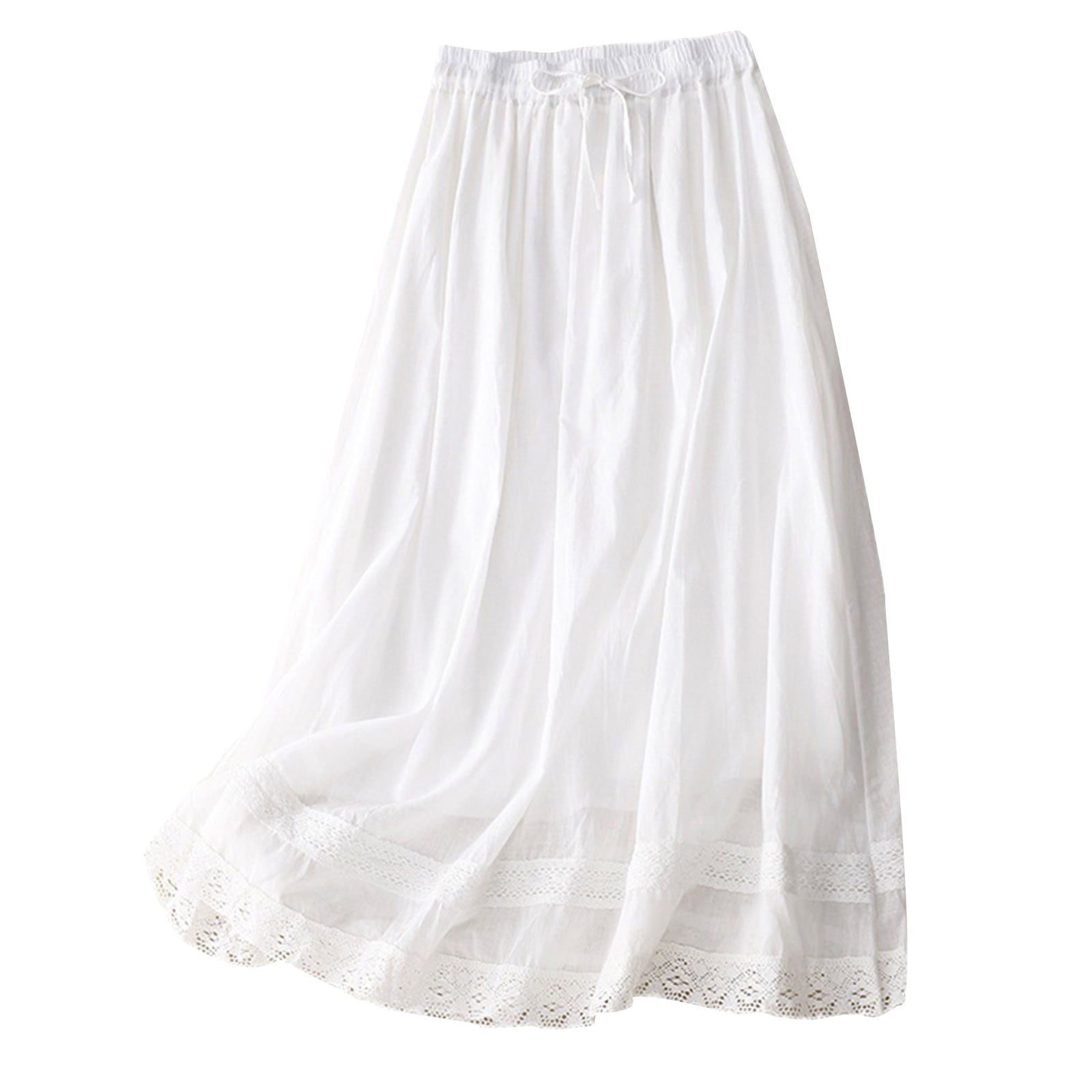 Womens Cotton Linen Midi Skirts Casual Swing Flowy Layer Skirt Elastic Waist Drawstring Skirts