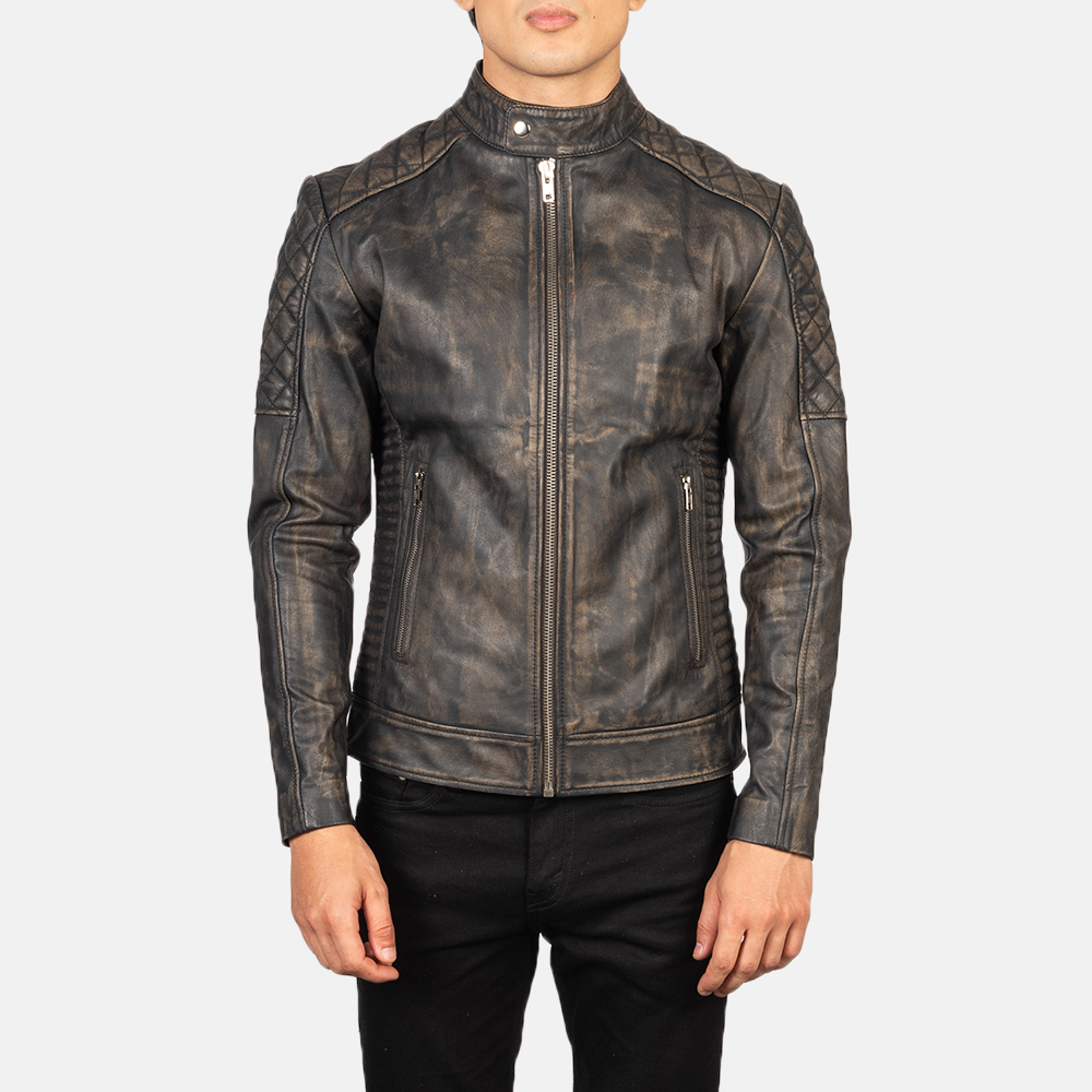 Fernando Quilted Distressed Brown Leather Biker Jacket