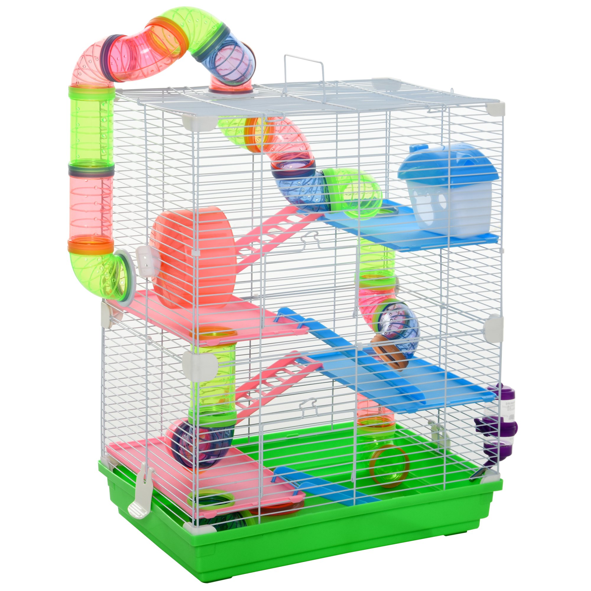 PawHut 5 Tiers Hamster Cage Portable Animal Travel Carrier w/ Exercise Wheels Tube