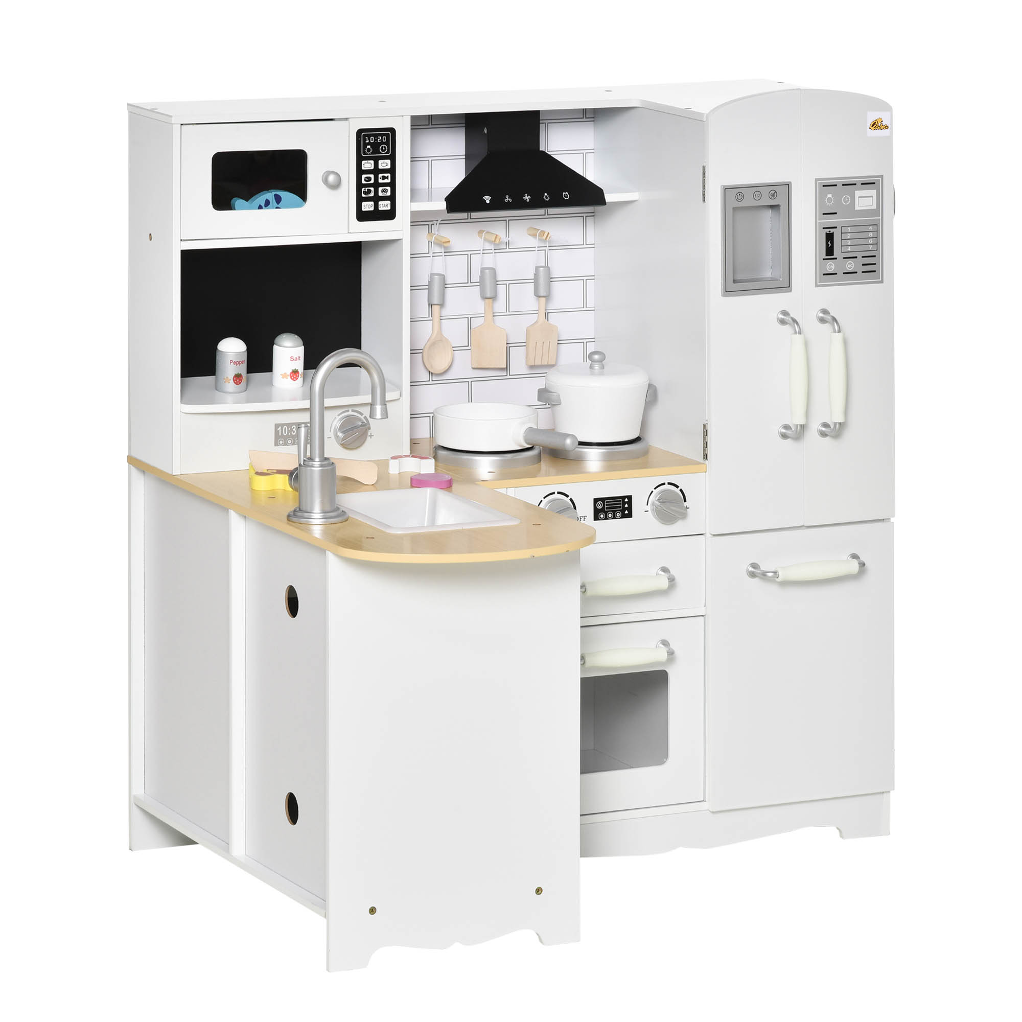 Qaba Large Play Kitchen with Full Set of Appliances for a Modern Day Pretend Kitchen, Tons of Storage, Corner Play Kitchen Set with Sound Effect, Educ
