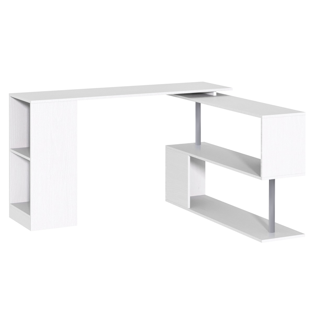 HOMCOM 55" 360° Rotating Corner Computer Desk Modern L-Shaped Home Office Workstation with 3-Tier Storage Shelves, Bookshelf, White