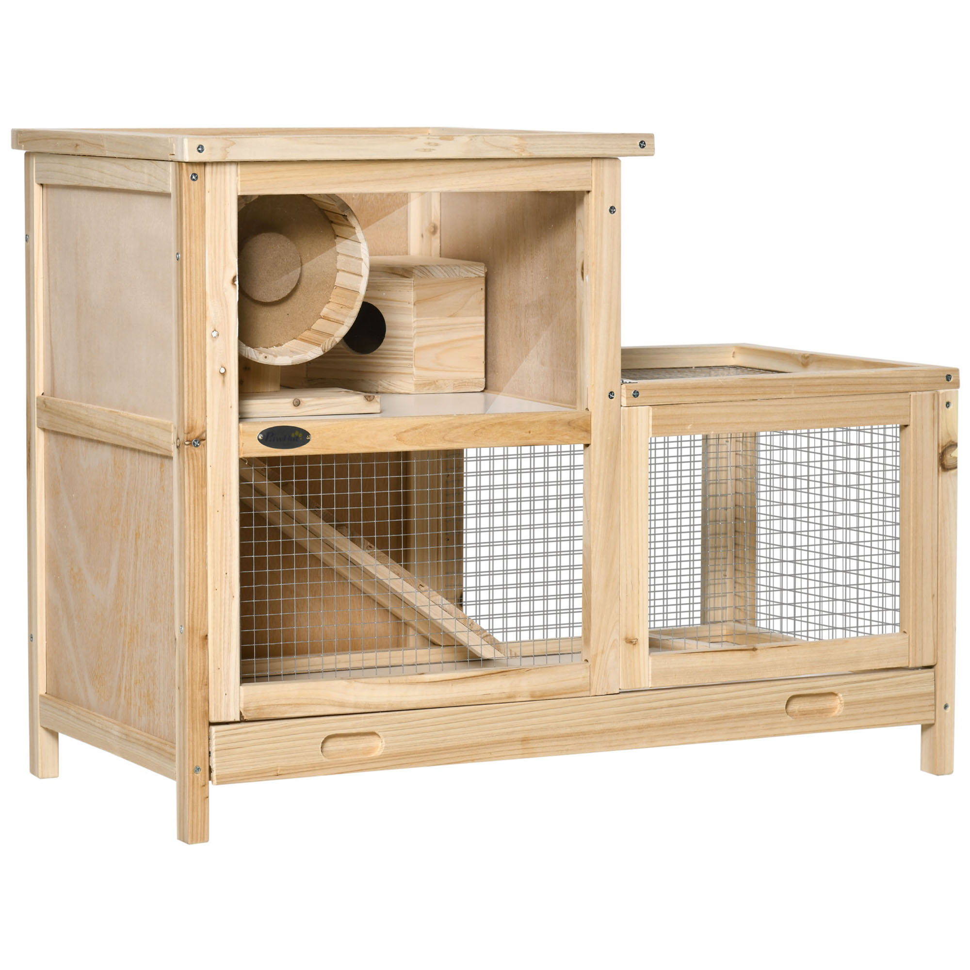 PawHut 2-Tier Wooden Hamster Cage, Small Animals Hutch, w/ Seesaw, Tray