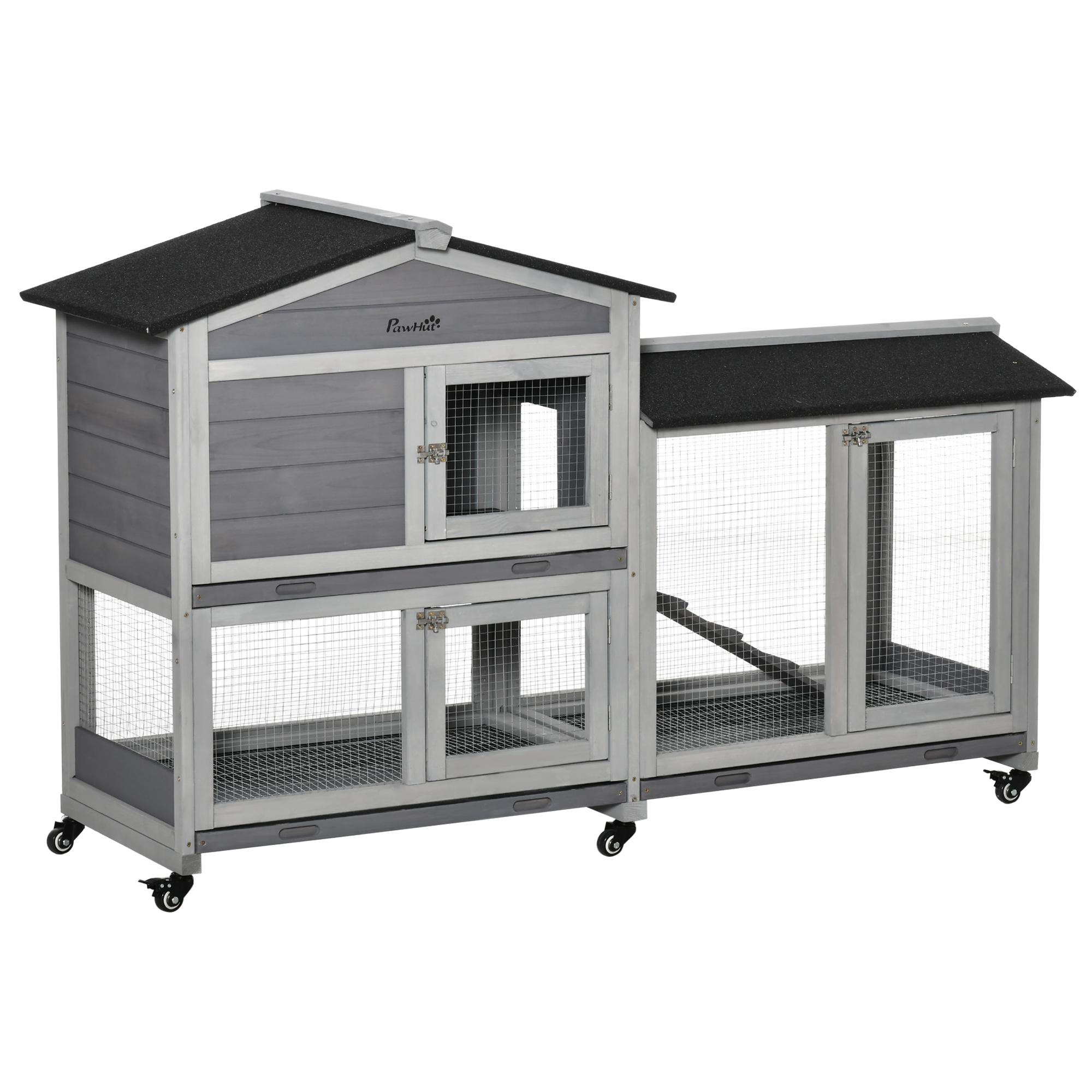 PawHut 62" Wooden Mobile Rabbit Hutch with Wheels, Run Box, Slide-out Tray, Ramp