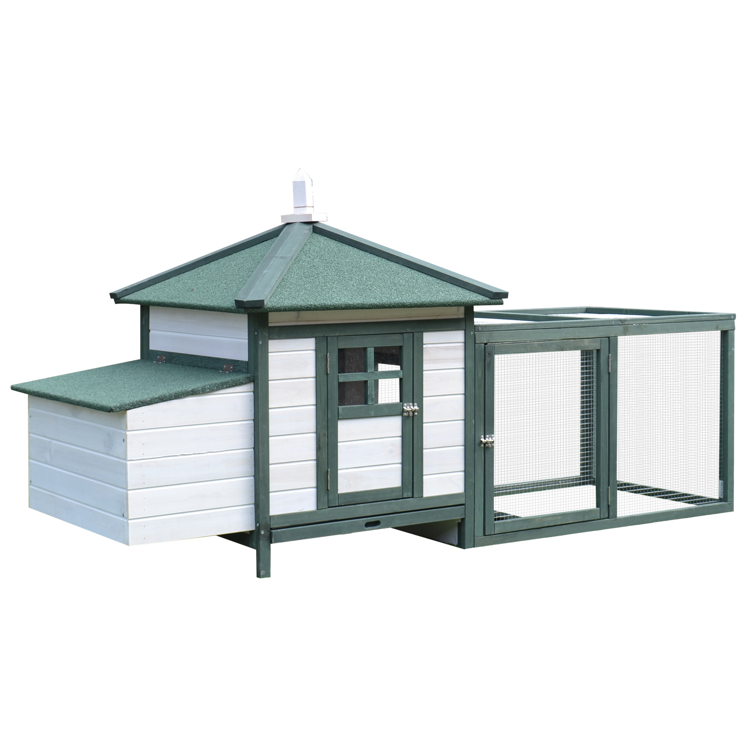 PawHut 77" Wooden Chicken Coop Hen House Poultry Cage with Weatherproof Roof, Nesting Box, Enclosed Run and Removable Tray for Outdoor Backyard, Green