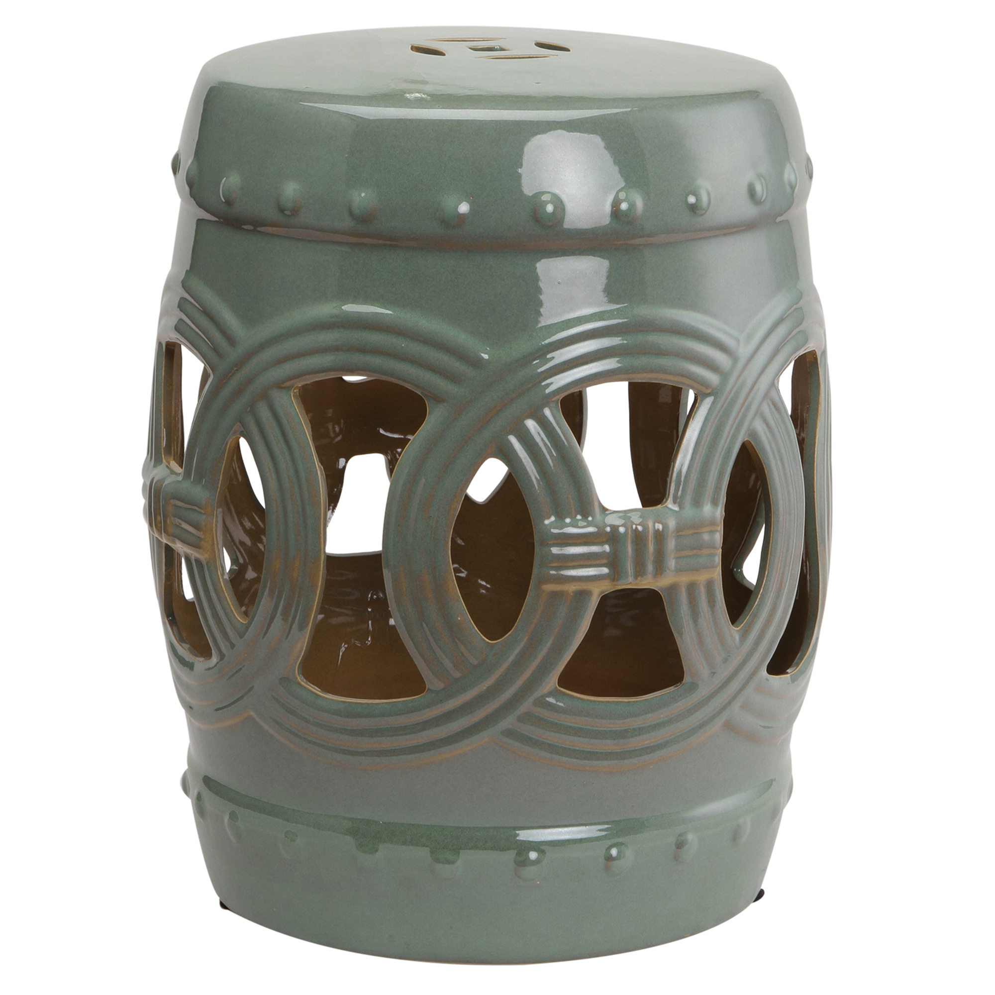 Outsunny 14" x 17" Ceramic Garden Stool with Double-Coin Knotted Ring Design, Glazed Decorative Outdoor Stool, Green