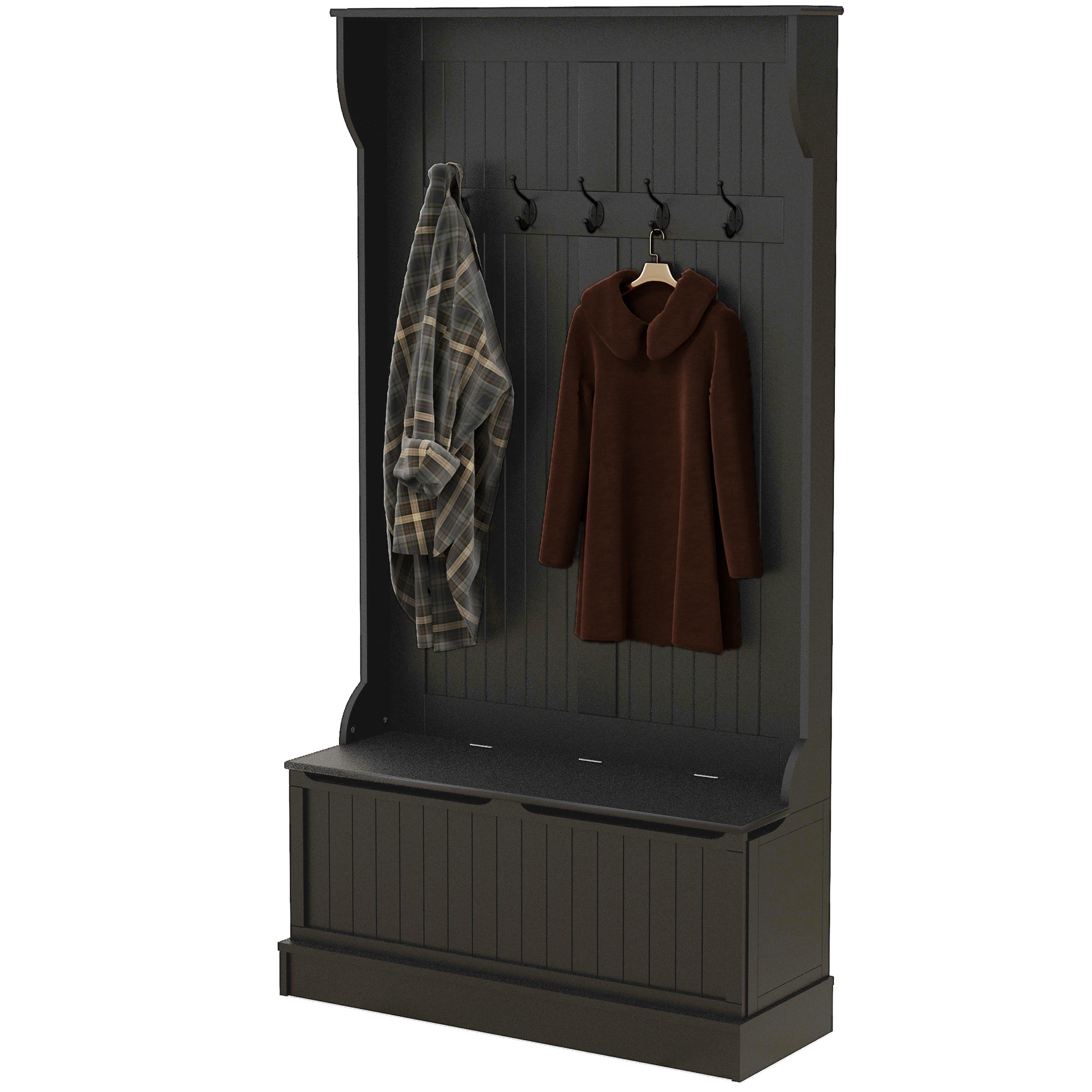 HOMCOM 3-In-1 Entryway Bench with Coat Rack, Hall Tree with Bench and Shoe Storage, 5 Hooks for Hallway Black