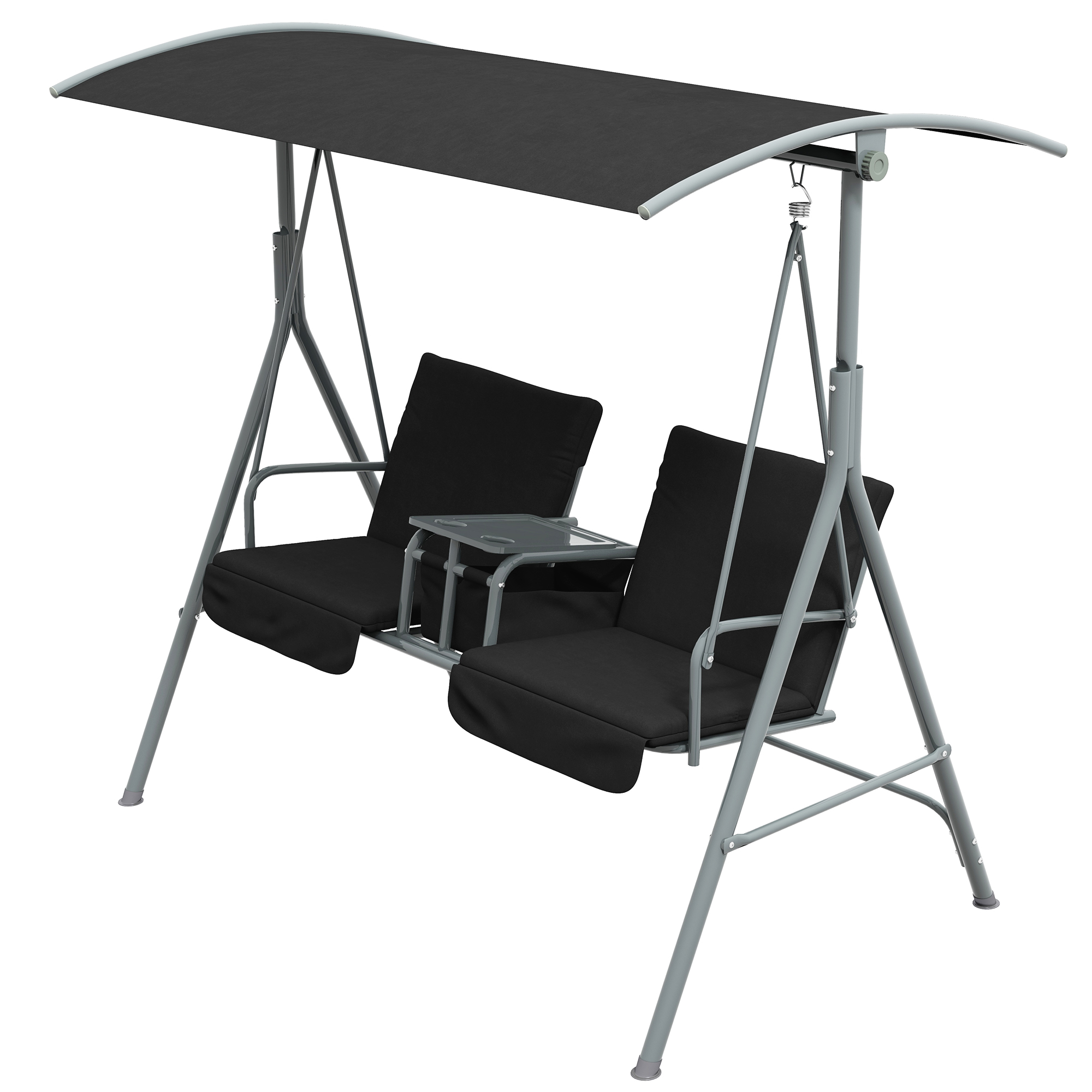 Outsunny 2-Seater Outdoor Porch Swing with Canopy and Table, Patio Swing Chair for Garden, Poolside, Backyard, Black