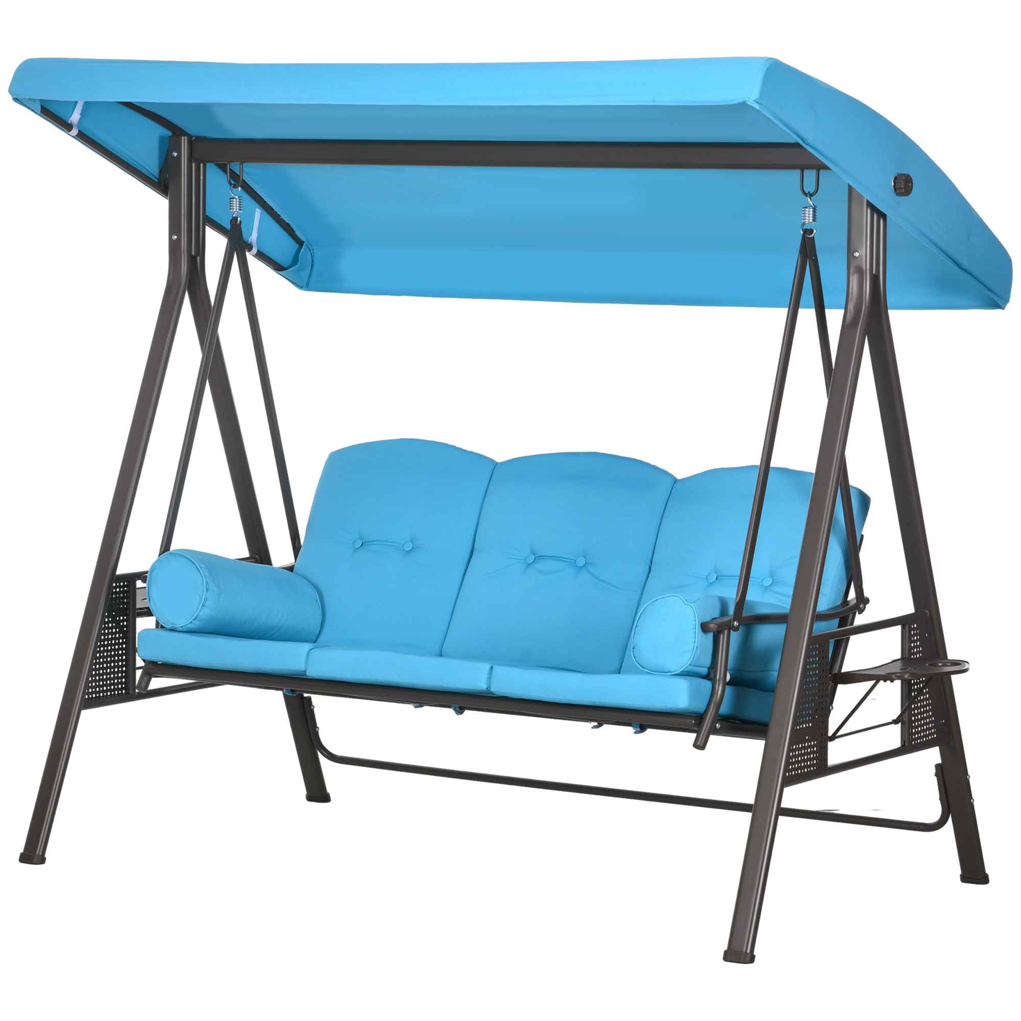 Outsunny 3-Seat Outdoor Porch Swing Chair with Adjustable Canopy, Cushion and Pillows for Garden, Poolside, Blue