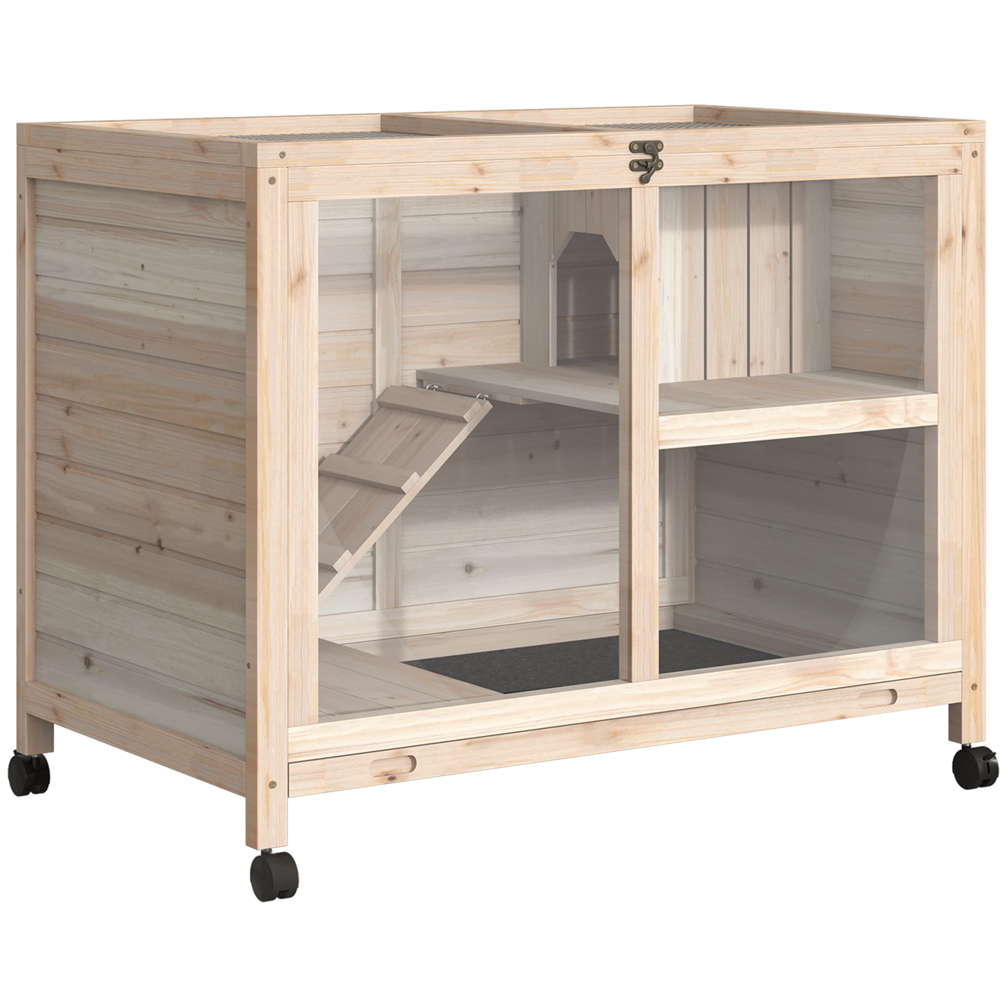 PawHut Rabbit Hutch with Wheels, Desk and Side Table Sized, Wooden Rabbit Cage, Natural