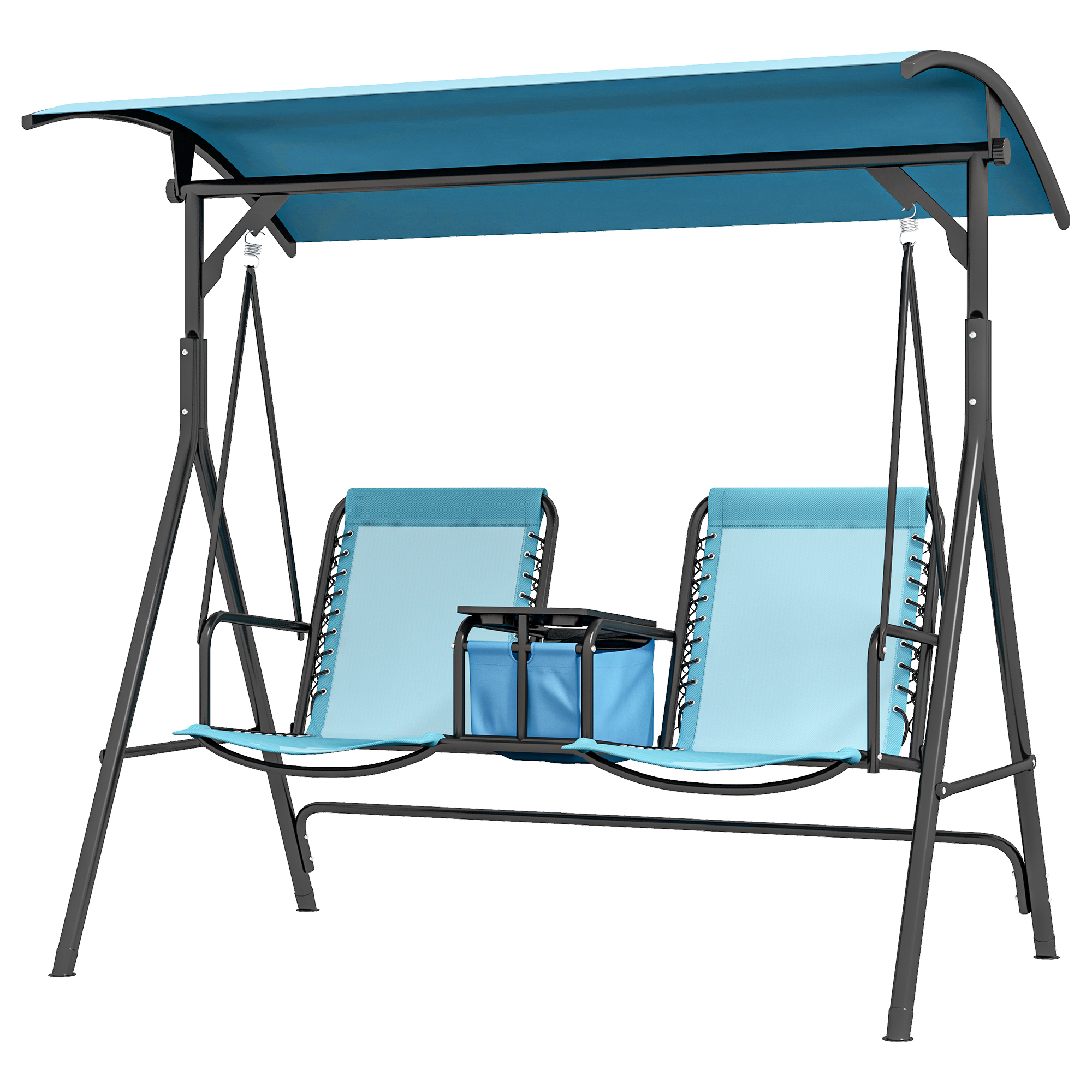 Outsunny 2 Person Porch Swing with Canopy, Storage Table, Cup Holder, Blue