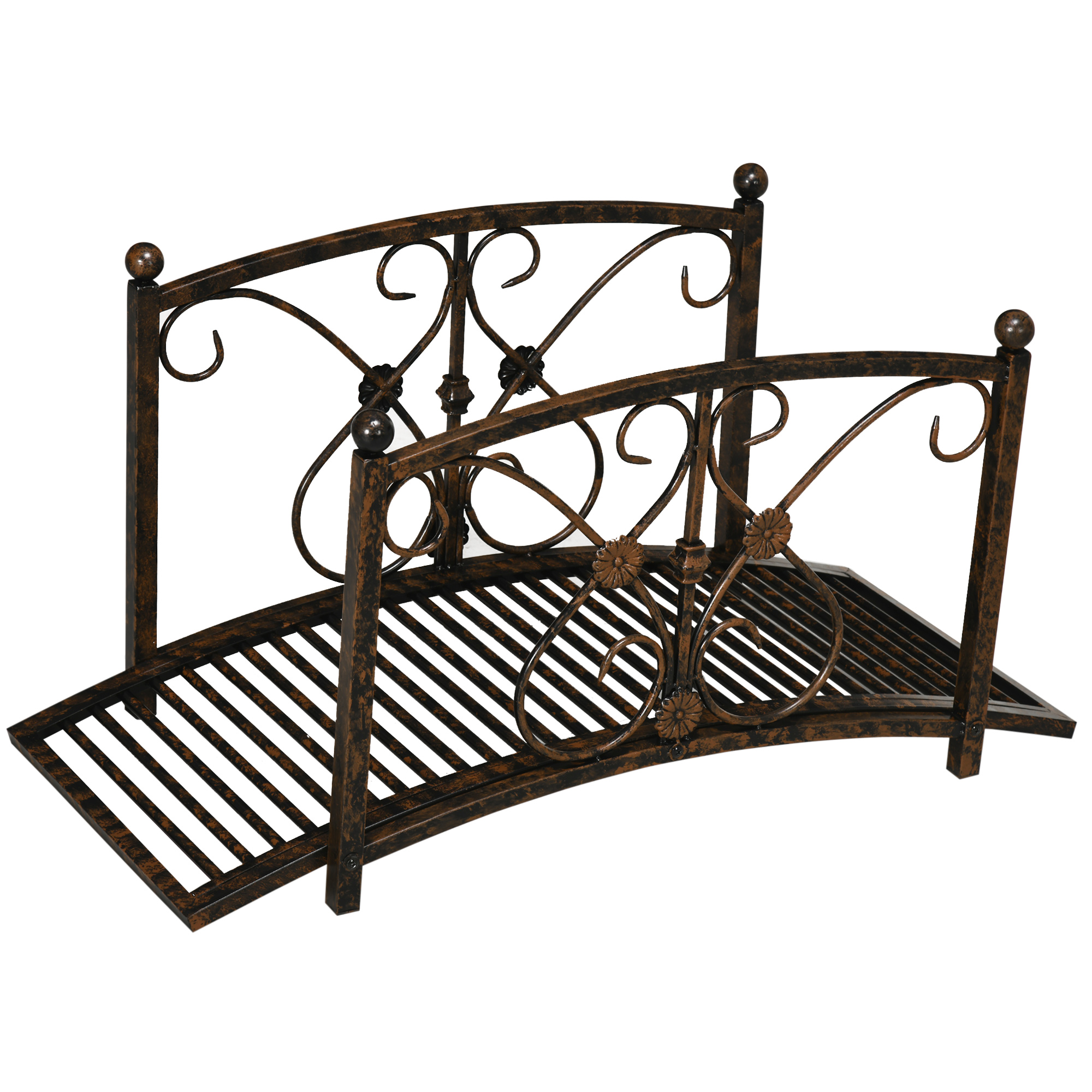 Outsunny 3.3' Metal Garden Bridge, Decorative Classic Footbridge Pond Bridge with Safety Railings for Backyard Garden Creek, Rust Brown