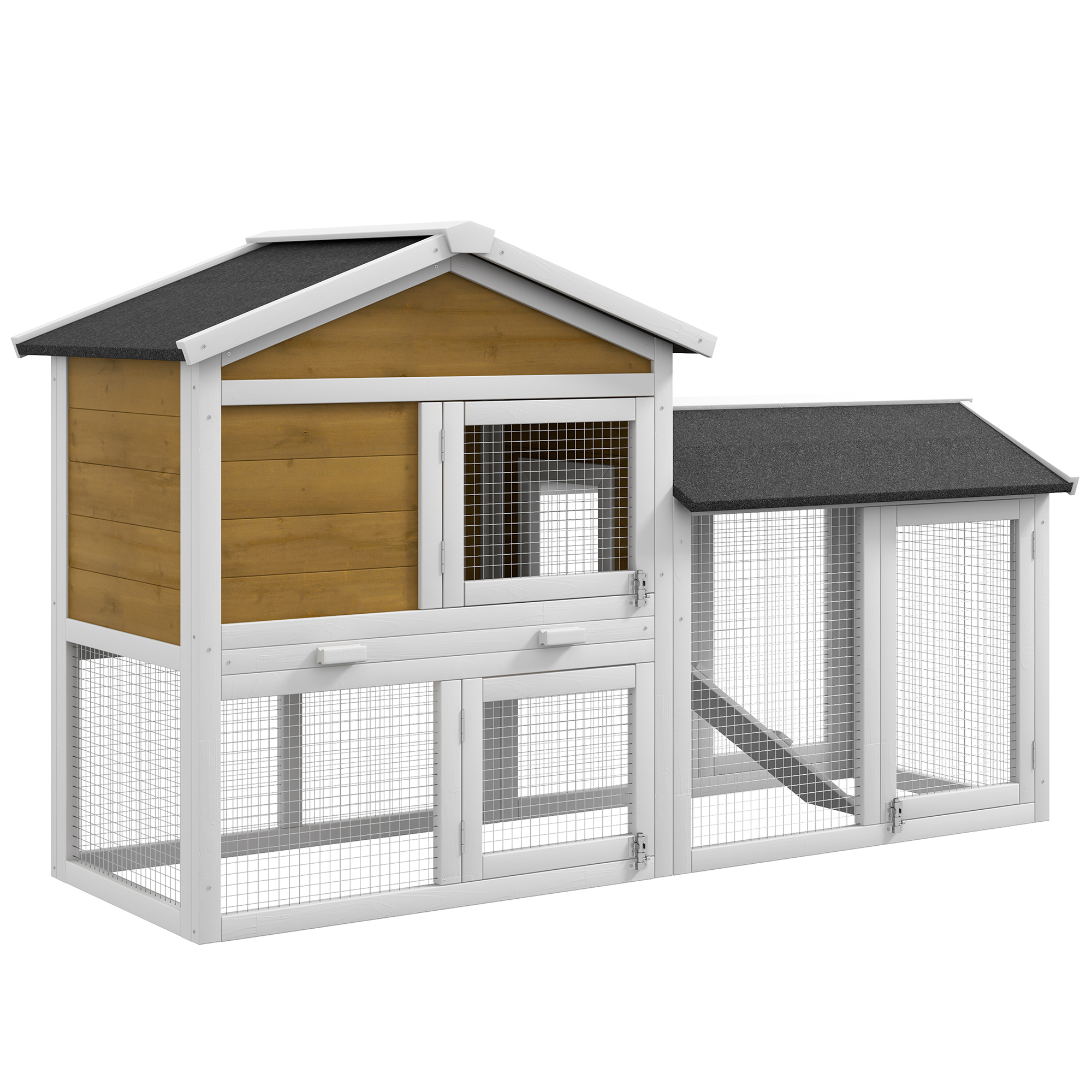 PawHut 58" Wooden Rabbit Hutch with Run, Removable Tray, Asphalt Roof, Lockable Doors and Ramp, Nature Wood