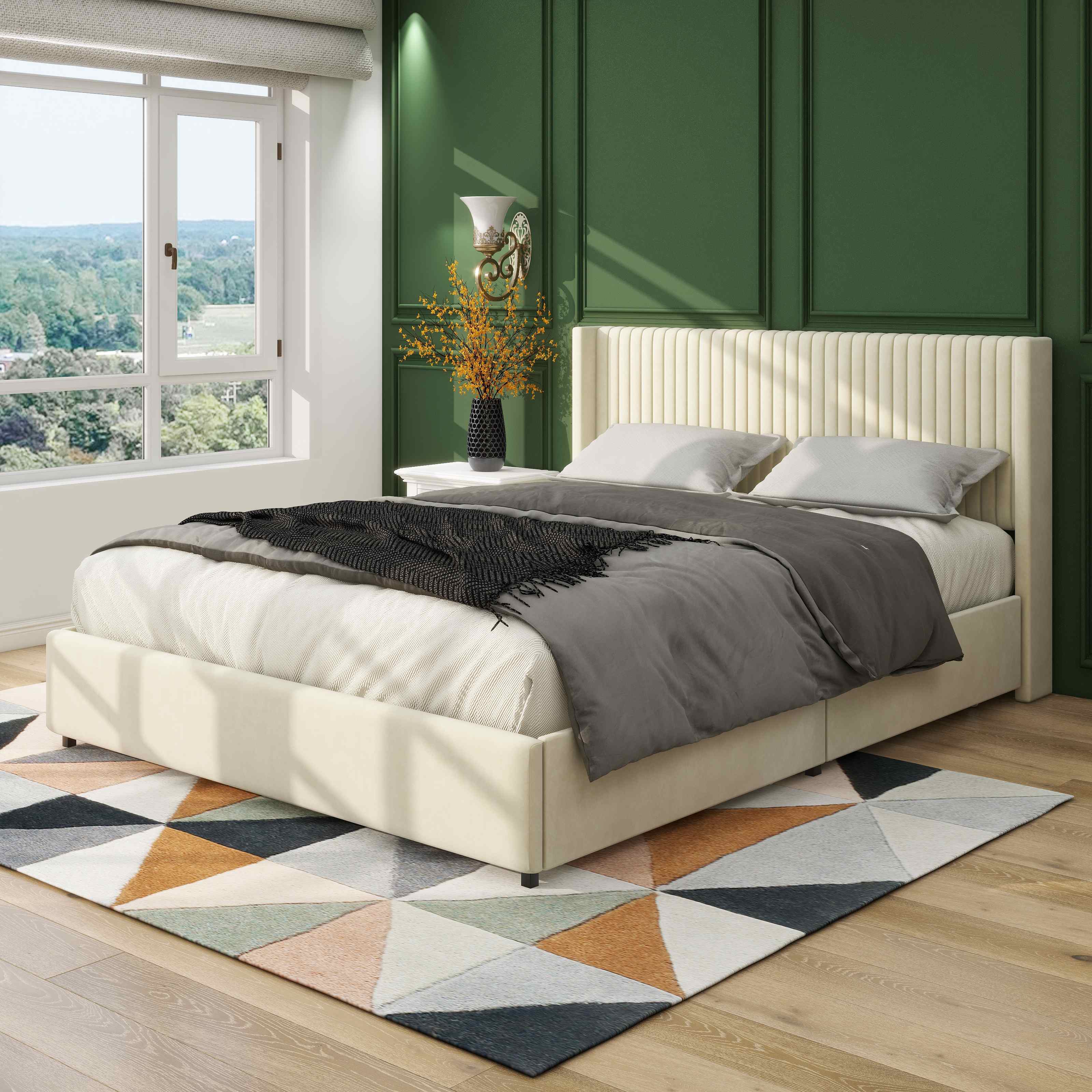 Queen Size Velvet Upholstered Platform Bed Frame with 2 Drawers, Wingback Headboard, Wooden Slat Support, No Box Spring Needed, 84.4″ L x 64.7″ W x 39