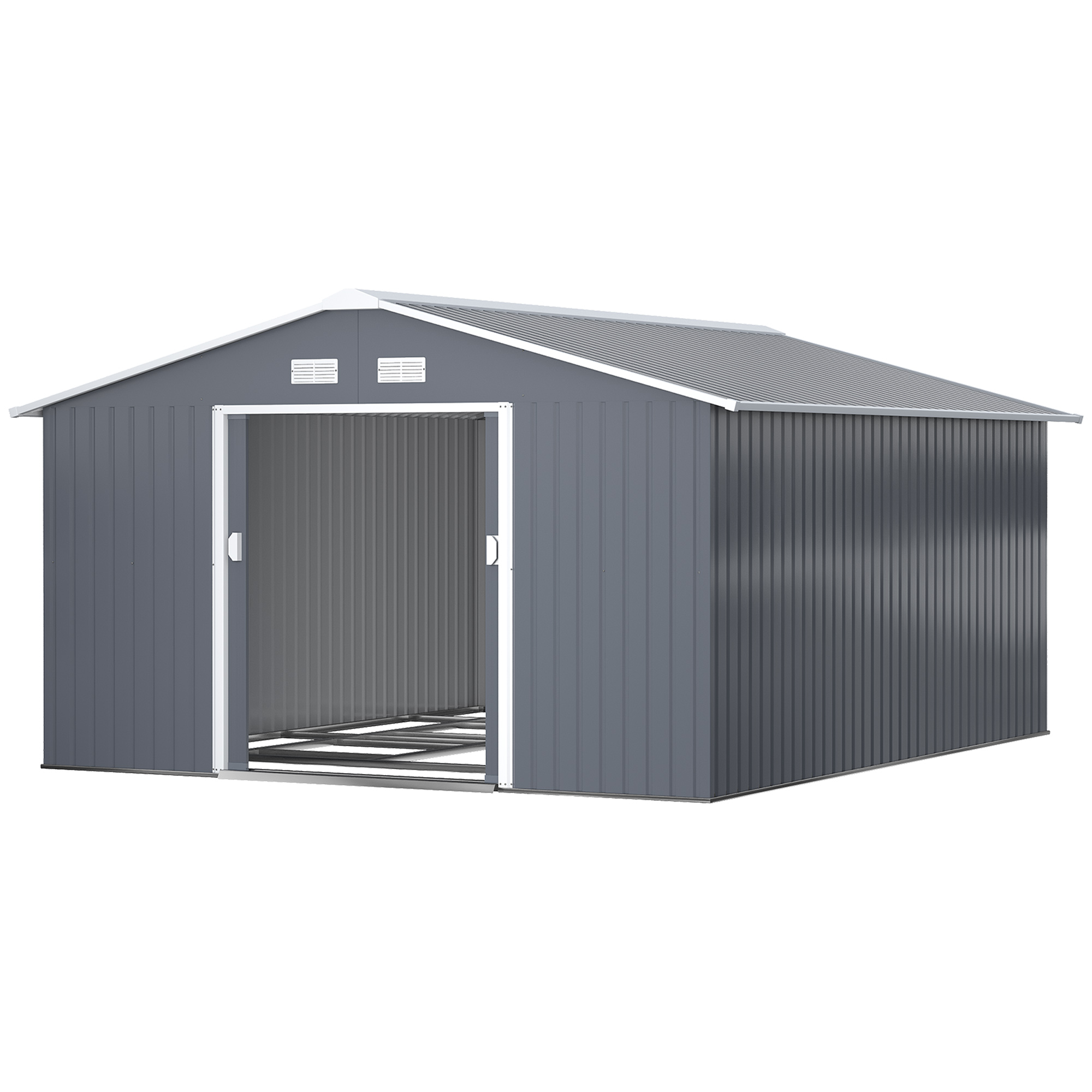 Outsunny 11' x 13' Garden Metal Shed, Storage Shed Utility Storage with Double Locking Doors for Bike, Yard Tools, Dark Gray