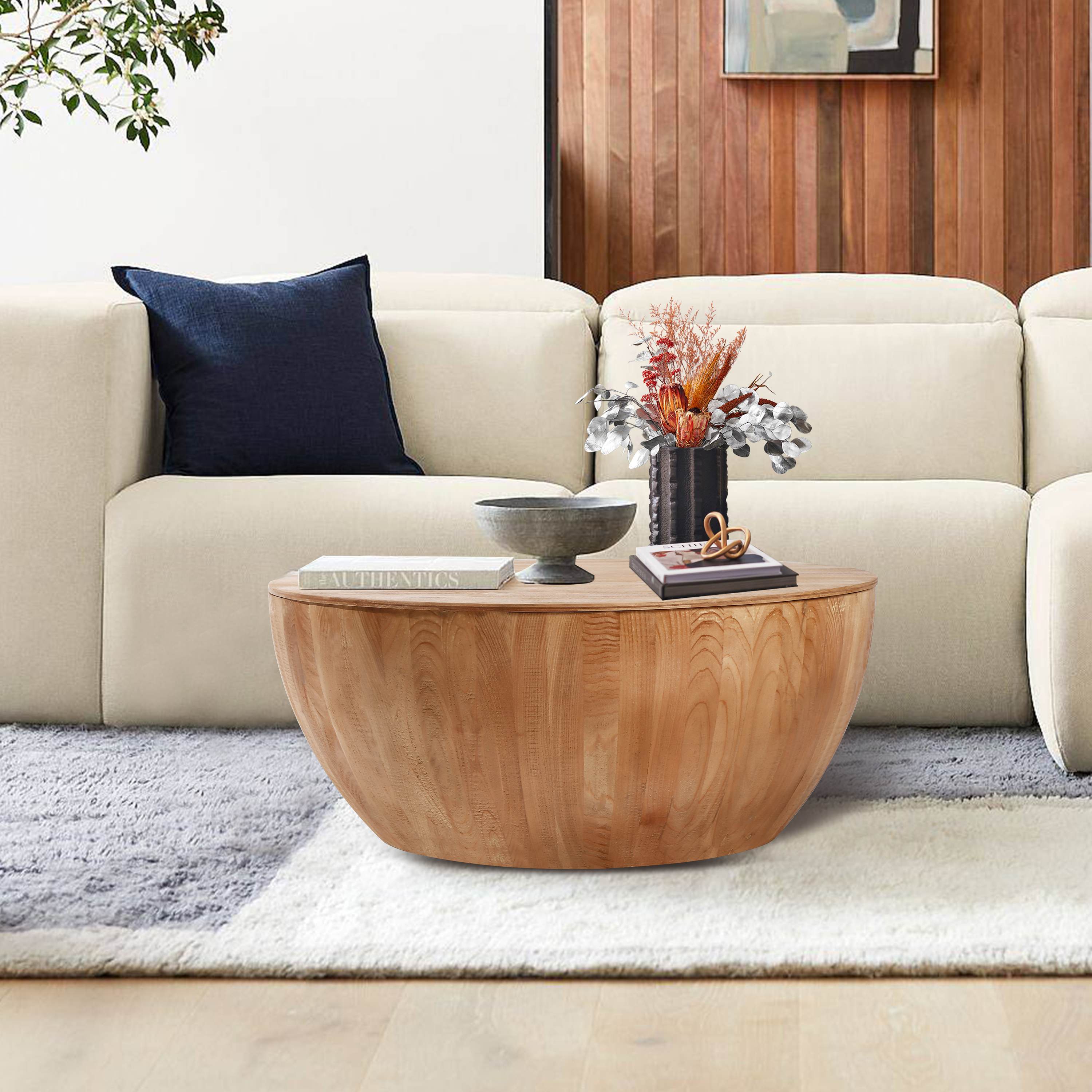 Vintage Style Bucket Shaped Coffee Table with Storage, High-Quality Fir Wood and MDF, 220 lbs Load-Bearing Capacity, 35.43", Natural